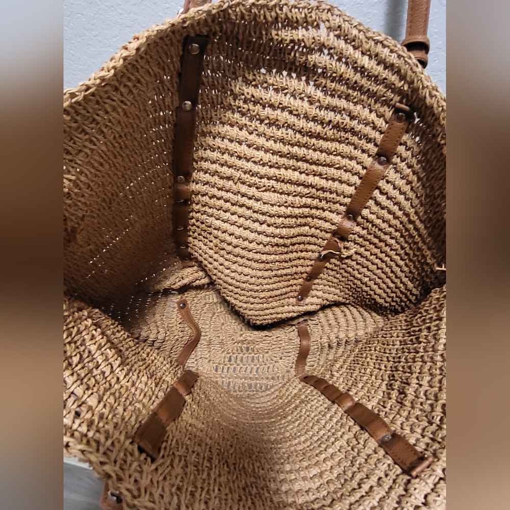 Packable Woven Straw Tote Bag with Brown Straps - Picture 4 of 9